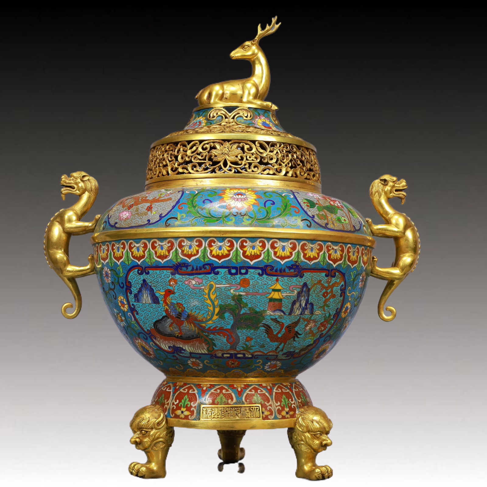 A Huge Cloisonne Flower and Phoenix Pattern Animal-Ears Tripod Censer, With Deer Cover (1 of 12)