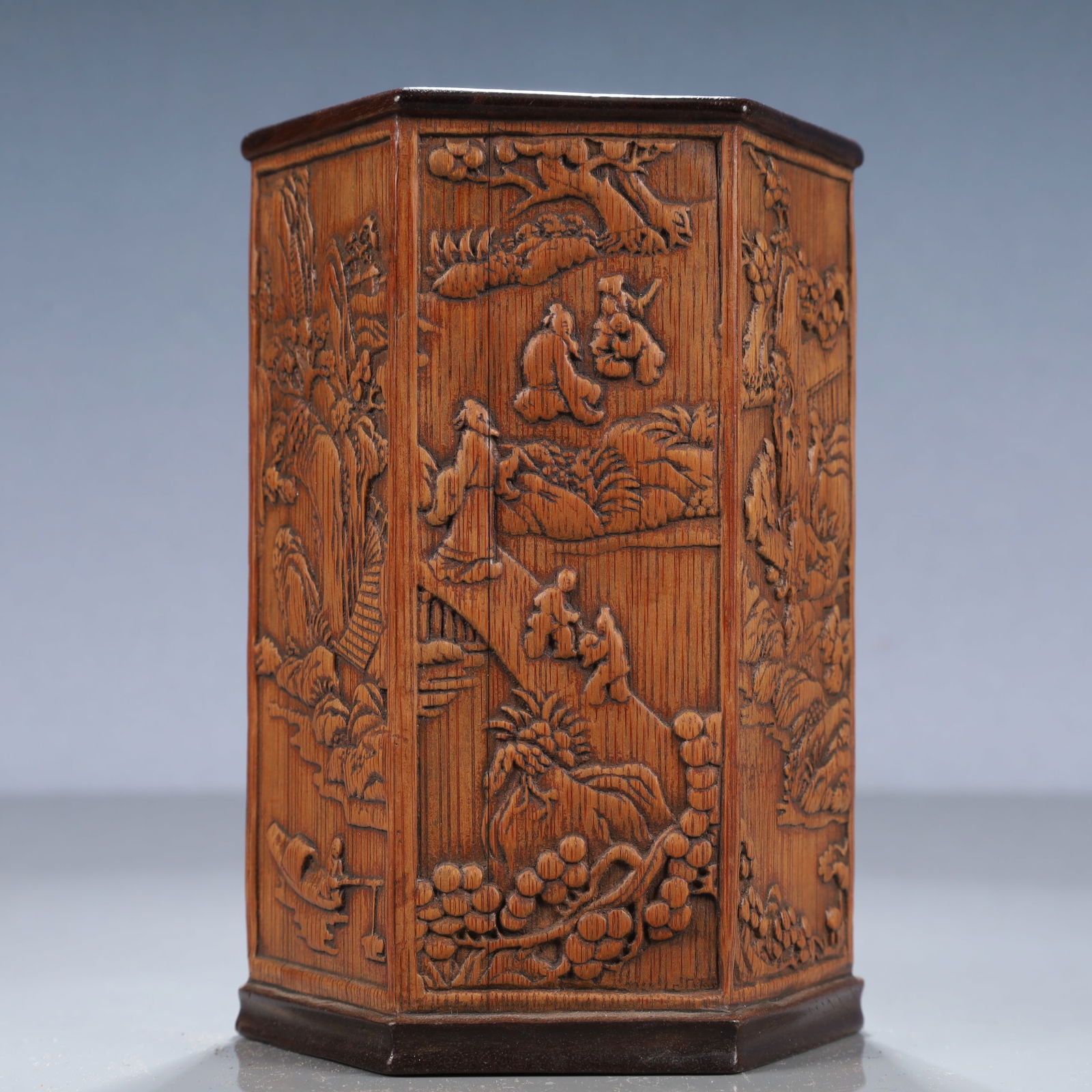 An Exquisite Bamboo Landscape and Figure Pattern Brush Pot (1 of 8)