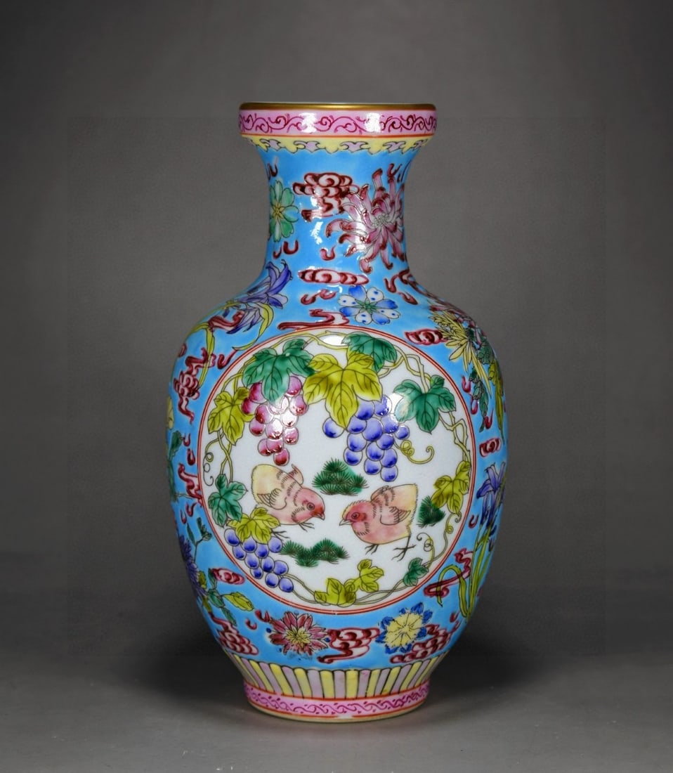An Exquisite Enamel Blue Ground Painted Gold Flower,Auspicious Cloud and Grapes Pattern Vase (1 of 8)