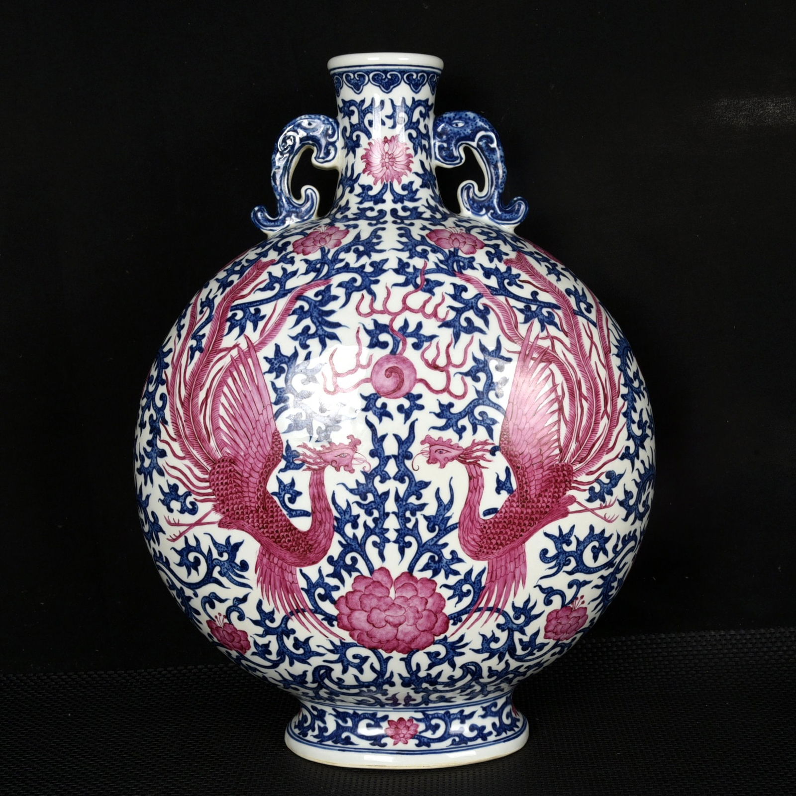 A Huge Blue and White Ruby Red-Glazed Lotus and Phoenix Pattern Double-Ears Vase: A Huge Blue and White Ruby Red-Glazed Lotus and Phoenix Pattern Double-Ears Vase,Qing Dynasty, China,Qianlong Six-character Mark,Size:19.3inx14.6inx7.9in 青花胭脂红ດ