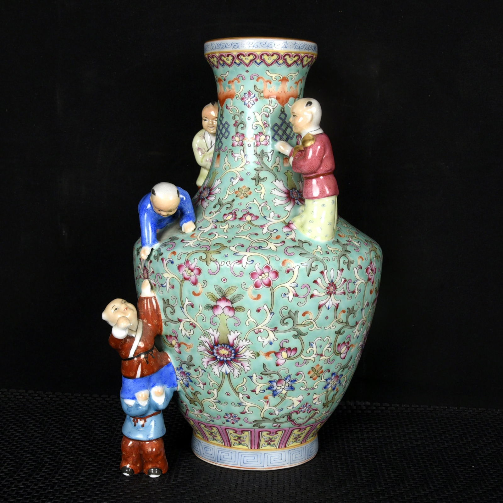 A Rare Turquoise Ground Enamel Painted Gold Lotus and Figure Pattern Vase (1 of 9)