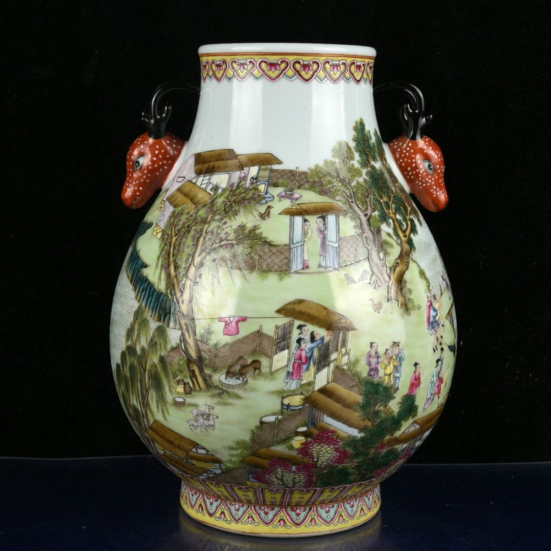 An Exquisite Enamel Painted Gold Landscape and Figure Pattern Deer-Ears Vase (1 of 9)