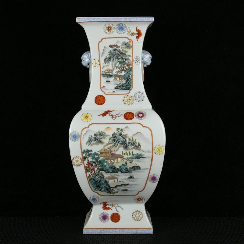 A Huge Enamel Painted Gold Landscape and Figure Pattern Beast-Ears Vase: A Huge Enamel Painted Gold Landscape and Figure Pattern Beast-Ears Vase,Qing Dynasty, China,Qianlong Six-character Mark,Size:17.1inx7.6inx5.7in 珐琅彩描金山水