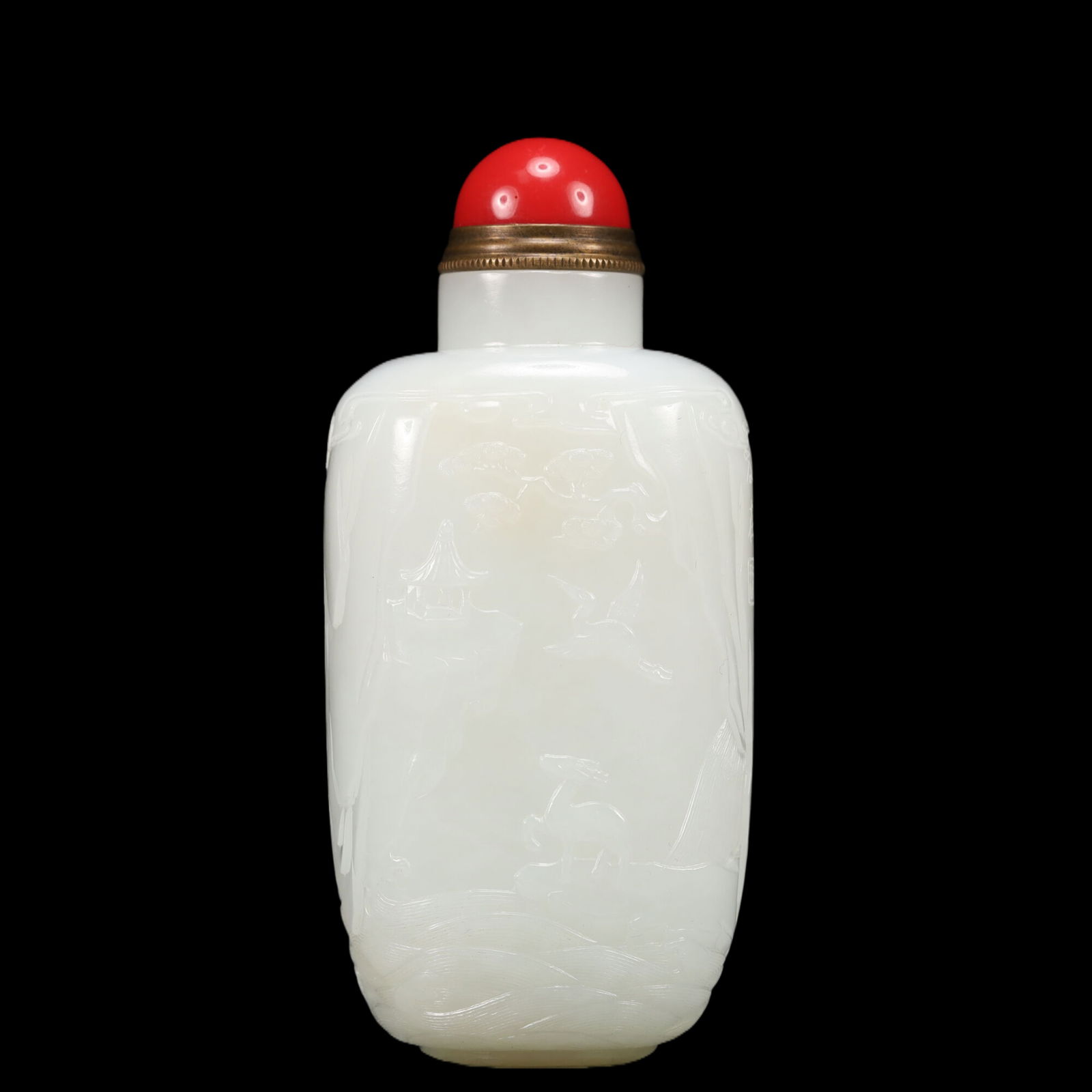 An Exquisite White Jade Flower and Bird and Figure Pattern Snuff Bottle, Inlaid Gems, with poem (1 of 6)