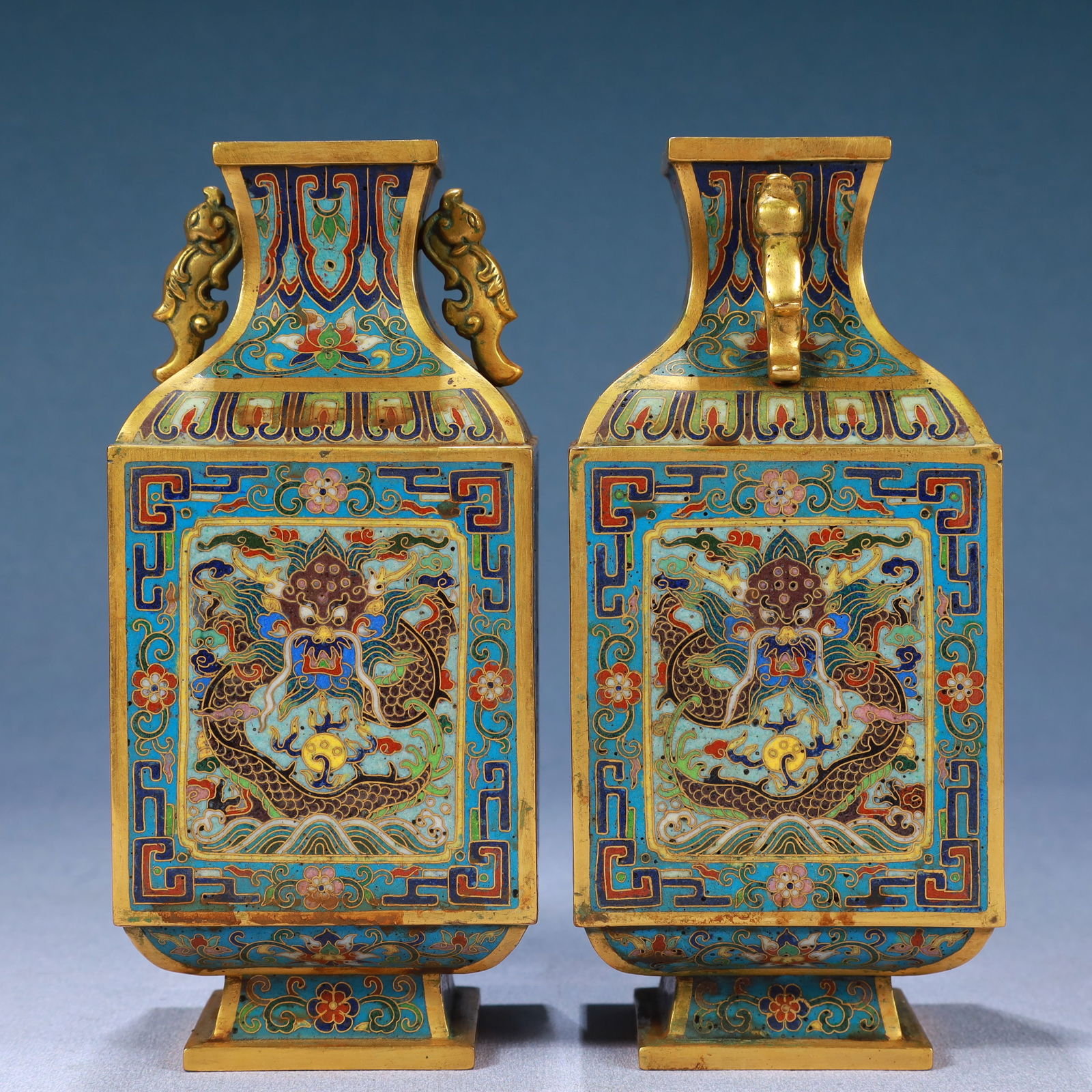 A Pair of Exquisite Cloisonne Seawater and Dragon Pattern Beast-Ears Vases (1 of 13)
