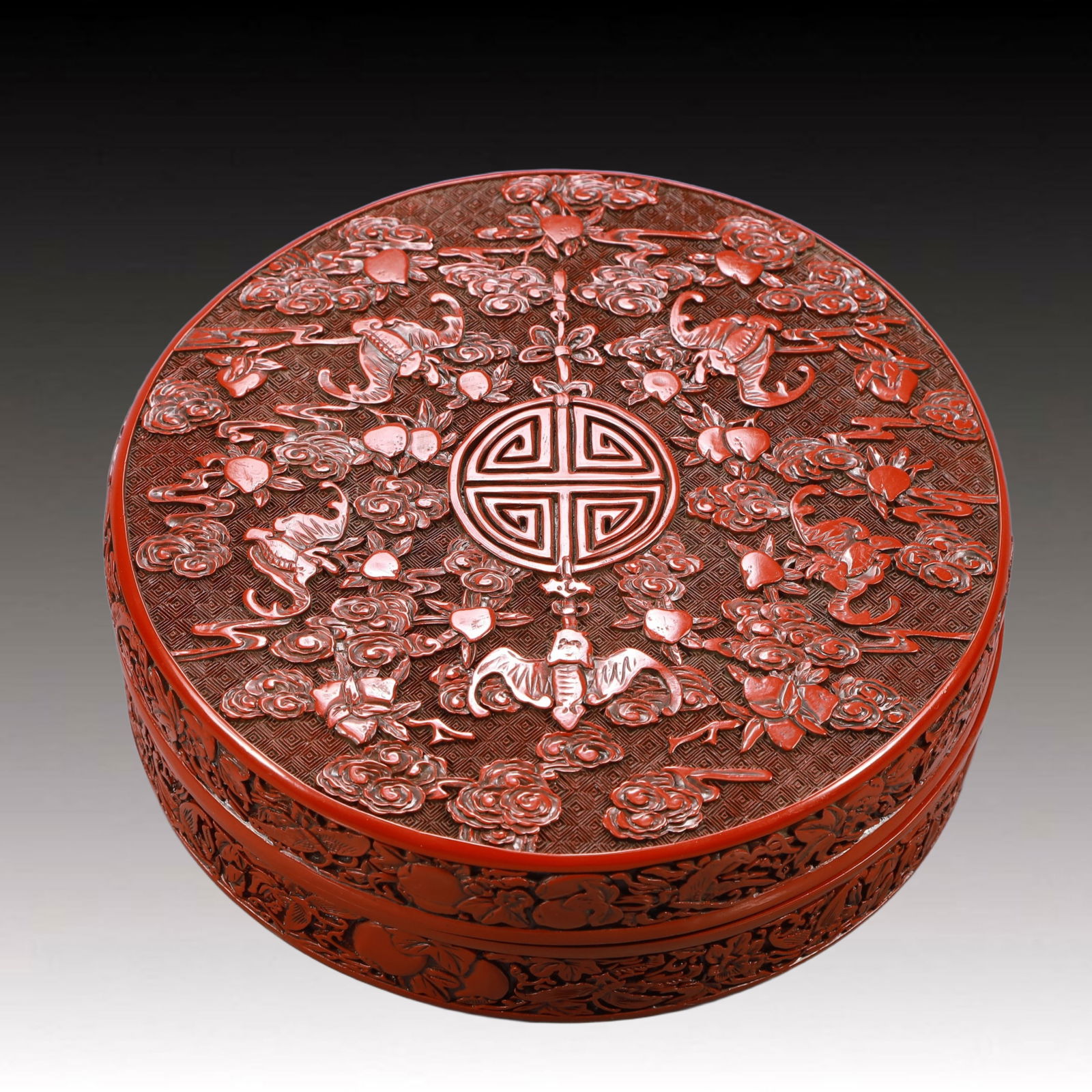 An Exquisite Carved Red Lacquer Auspicious Cloud and Bats Pattern Box,With Poem (1 of 6)