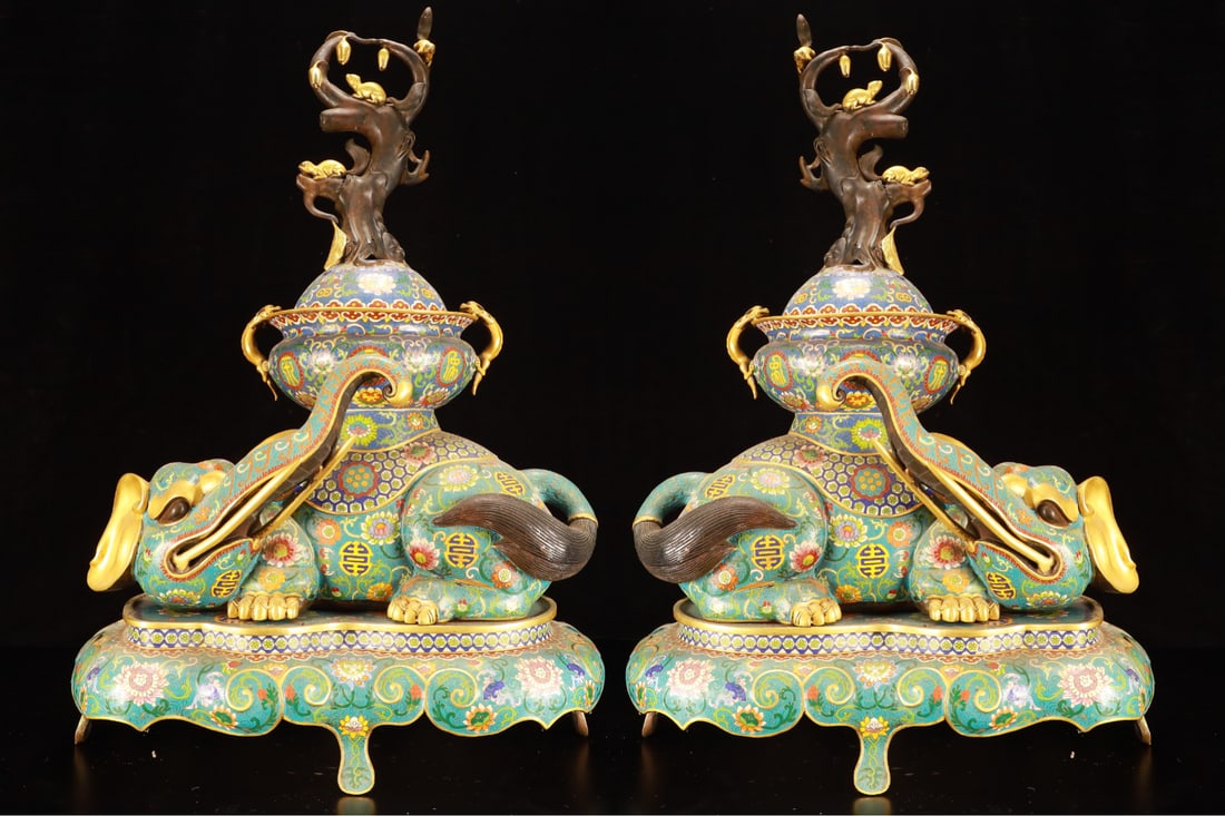 A Pair Huge Cloisonne Lotus Pattern Elephant-Shaped Censer: A Pair Huge Cloisonne Lotus Pattern Elephant-Shaped Censer,(A type of enamelware with metal wires separating colored glaze, originating in China),Qing