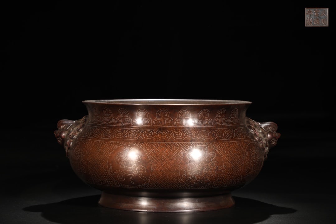 A Huge Bronze Inlaid Silver Eight Treasures Pattern Lion-Ears Censer (1 of 9)