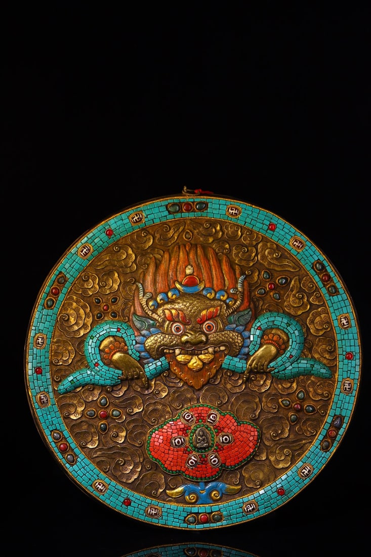 A Rare Silver Inlaid Gems and Turquoise Auspicious Cloud Pattern Pattern Tangka: A Rare Silver Inlaid Gems and Turquoise Auspicious Cloud Pattern Pattern Tangka,Size:16.9inx16.1in,Weight:1700g 