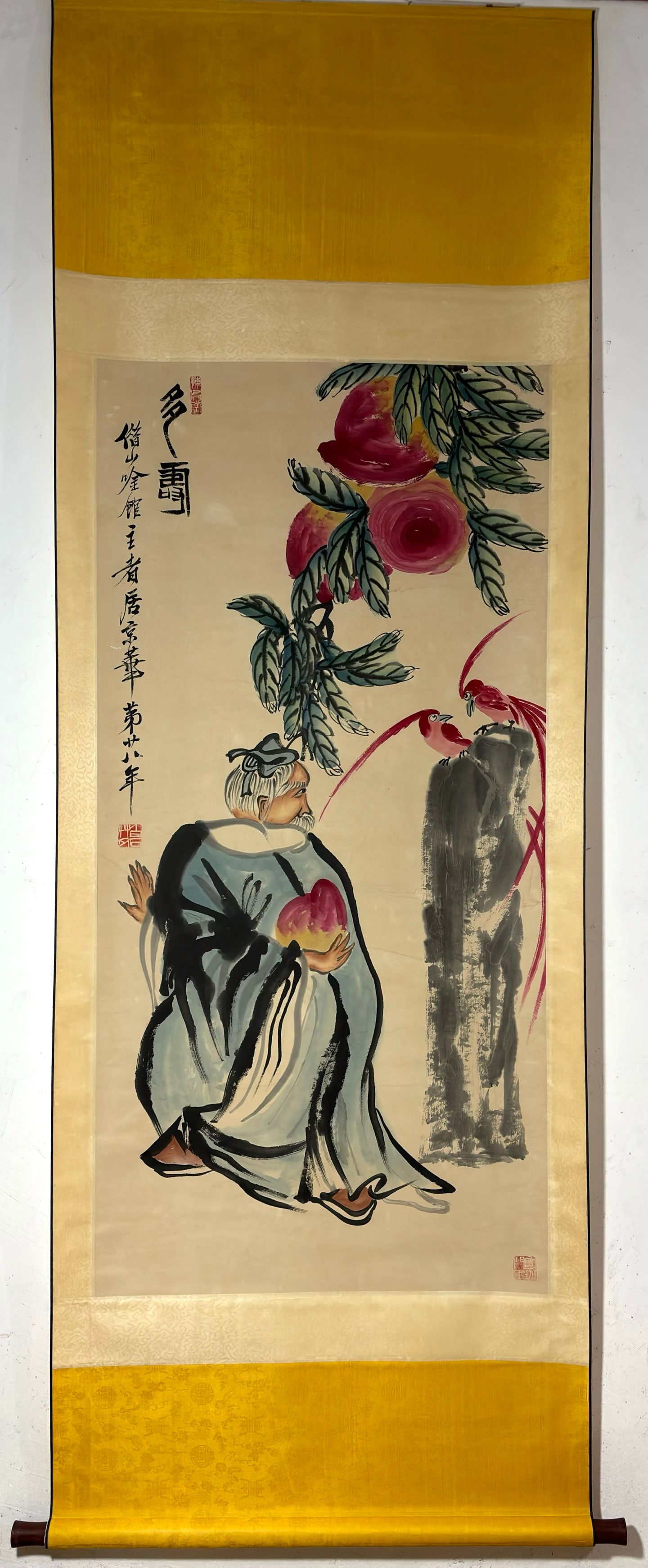 A Chinese Vertical Scroll Ink Painting of Figure and Peach on Paper,Qi Baishi (1 of 9)