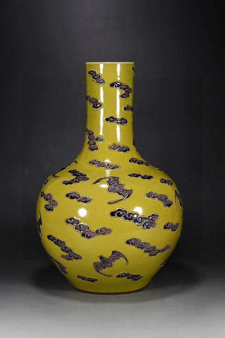 A Rare Yellow Glazed Paste relief Auspicious Cloud and Bats Pattern Vase - 2