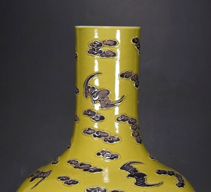 A Rare Yellow Glazed Paste relief Auspicious Cloud and Bats Pattern Vase - 3