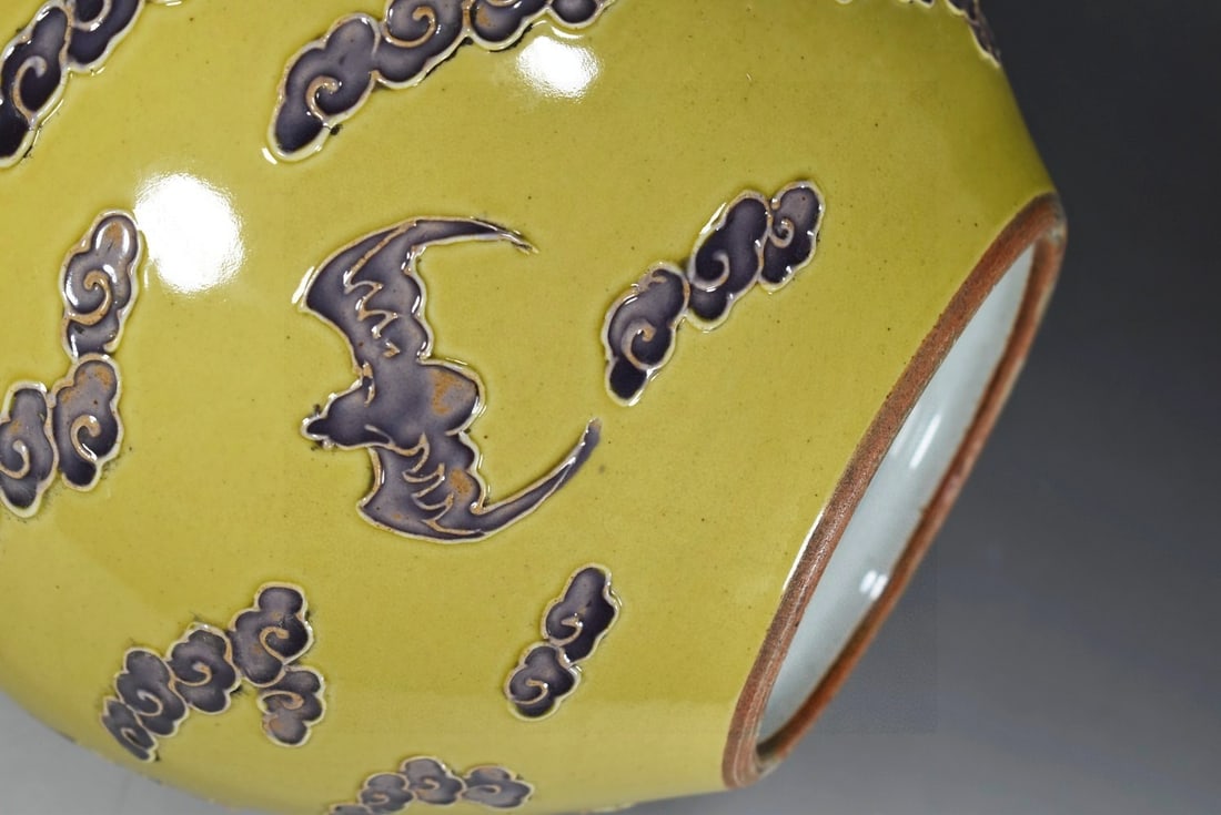 A Rare Yellow Glazed Paste relief Auspicious Cloud and Bats Pattern Vase - 7