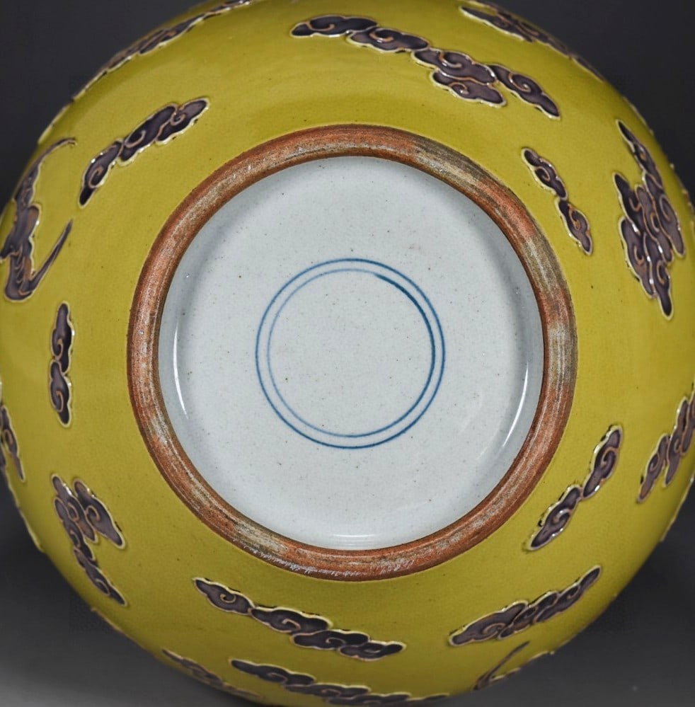 A Rare Yellow Glazed Paste relief Auspicious Cloud and Bats Pattern Vase - 8