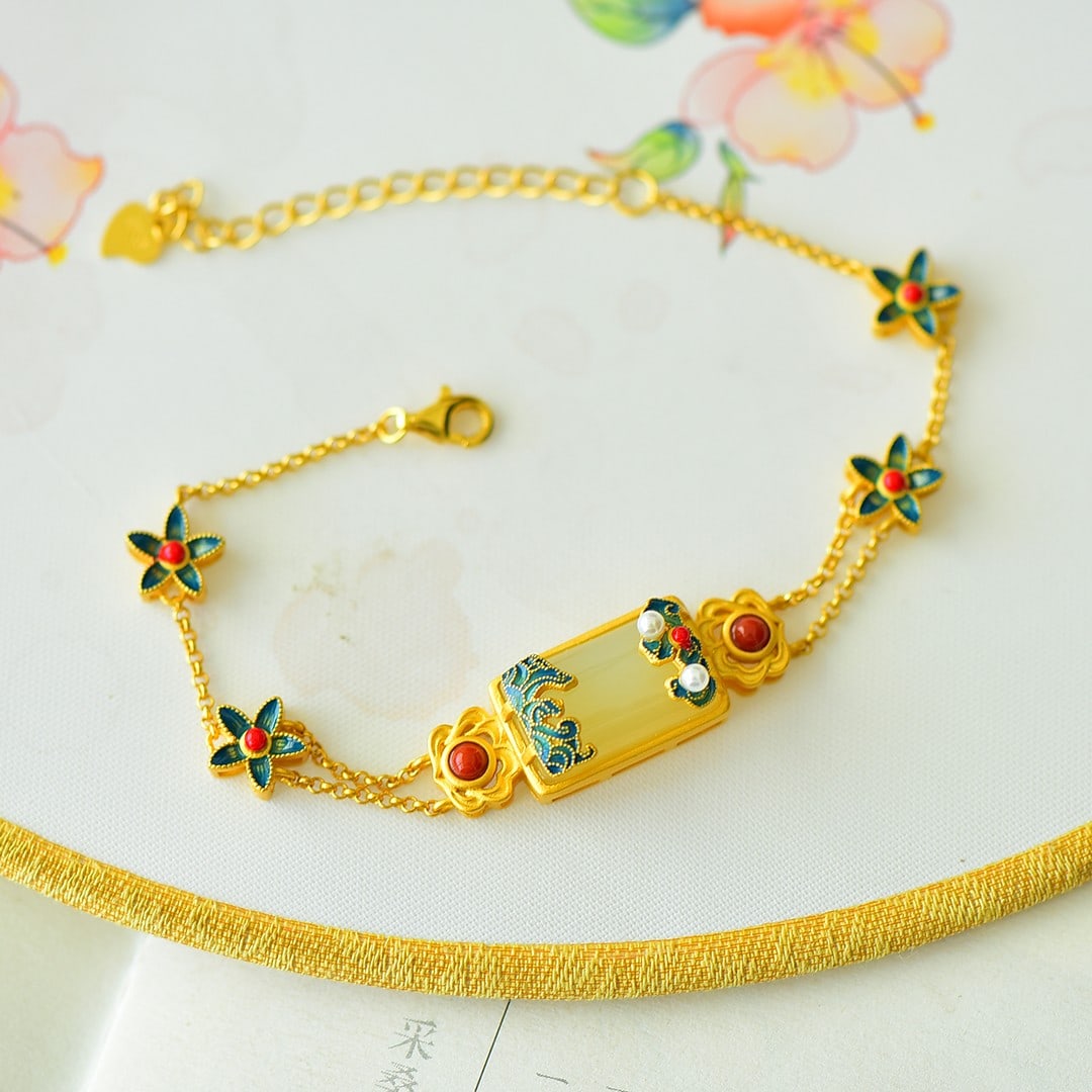 An Exquisite Sterling Silver-Gold Plated Inlaid White Jade Enamel Bracelet,Inlaid Pearl: An Exquisite Sterling Silver-Gold Plated Inlaid White Jade Enamel Bracelet,Inlaid Pearl,Size:10mmx16mm 