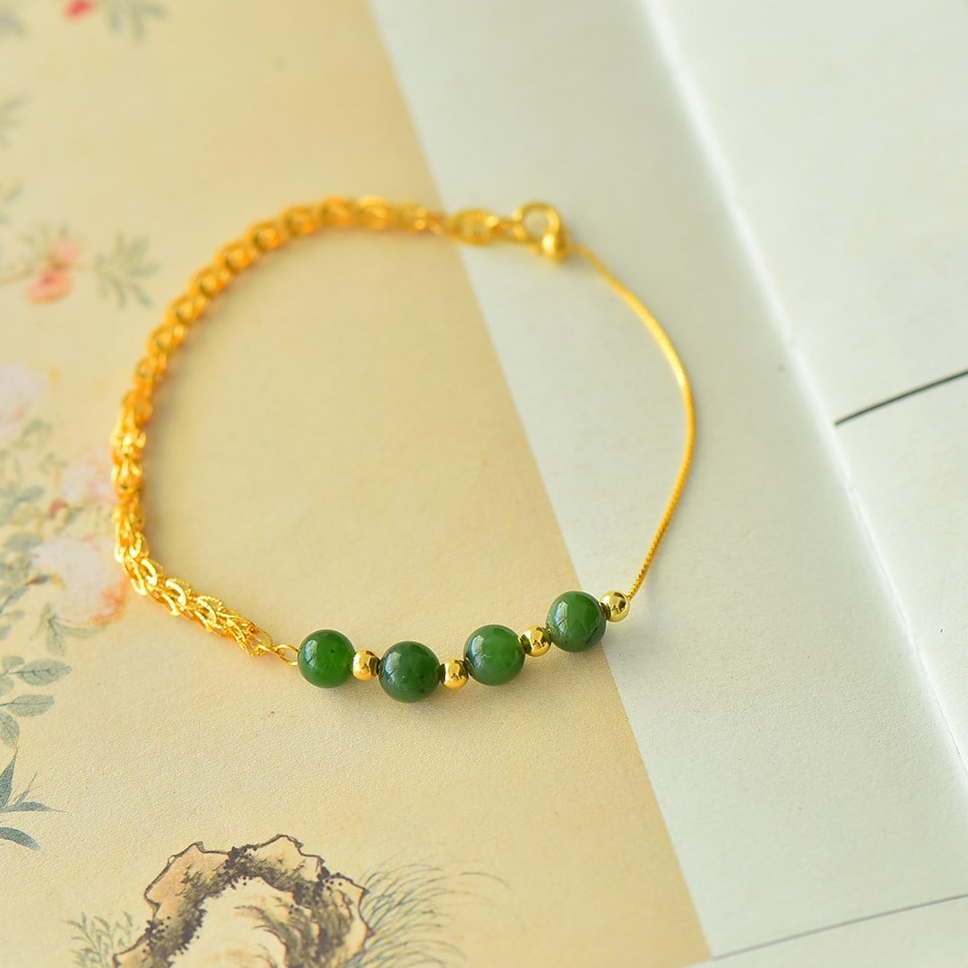 An Exquisite Sterling Silver-Gold Plated Inlaid Jasper Bracelet: An Exquisite Sterling Silver-Gold Plated Inlaid Jasper Bracelet,Size:6mm 纯银镀金镶碧玉手链