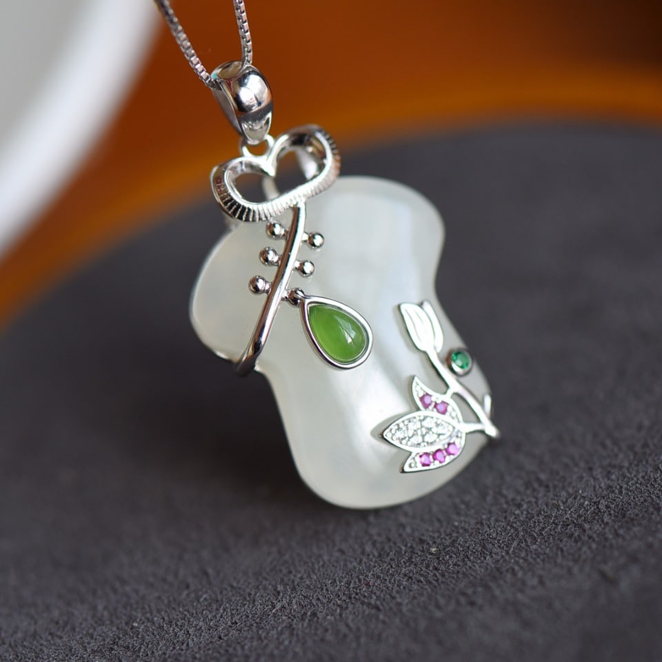 An Exquisite Sterling Silver Inlaid White Jade Pendant , Inlaid Diamond (1 of 5)