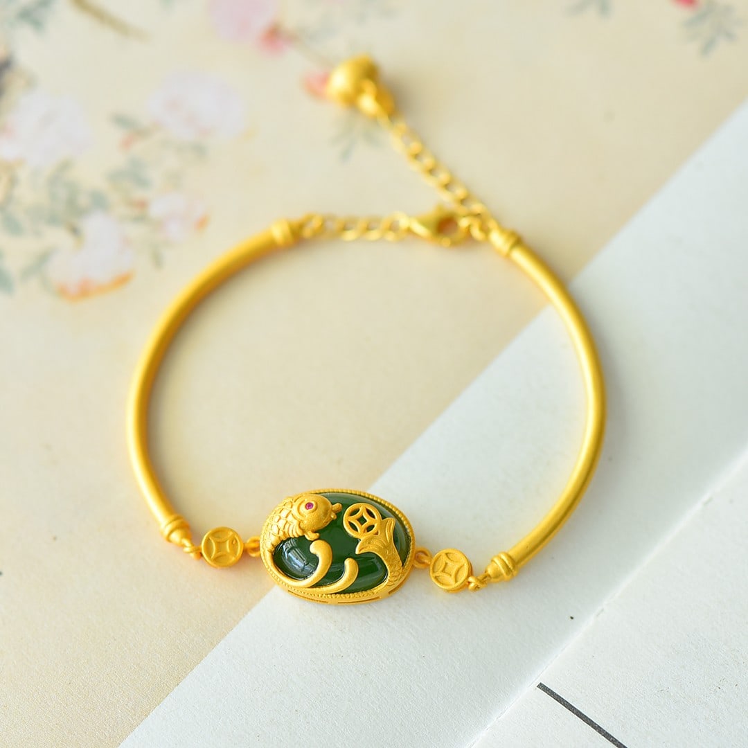 An Exquisite Sterling Silver-Gold Plated Inlaid Jasper Bracelet (1 of 5)