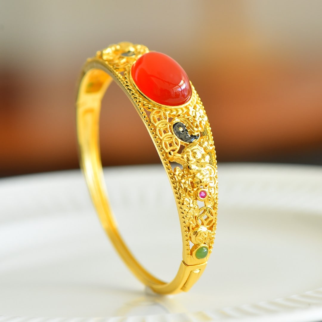 An Exquisite Sterling Silver-Gold Plated Inlaid Agate Bracelets (1 of 5)