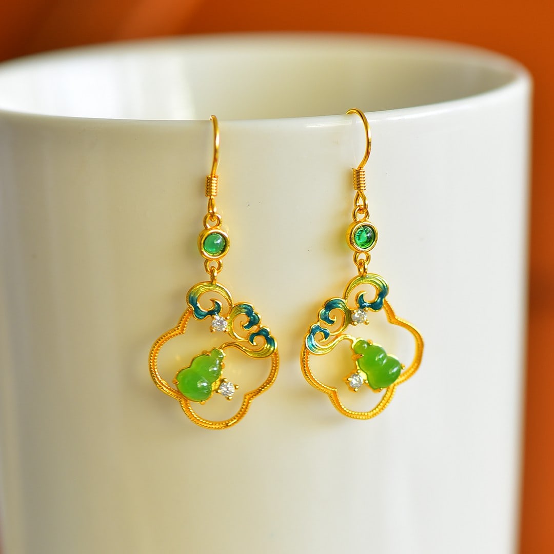 A Pair of Exquisite Sterling Silver-Gold Plated Inlaid Jasper Earrings,Inlaid Diamonds: A Pair of Exquisite Sterling Silver-Gold Plated Inlaid Jasper Earrings,Inlaid Diamonds,Size:5mmx7mm 