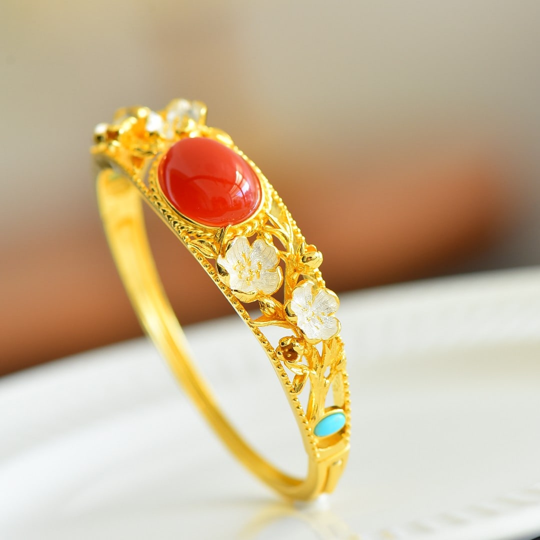 An Exquisite Sterling Silver-Gold Plated Inlaid Agate Enamel Bracelets,Inlaid Turquoise: An Exquisite Sterling Silver-Gold Plated Inlaid Agate Enamel Bracelets,Inlaid Turquoise,Size:13mmx18mm 