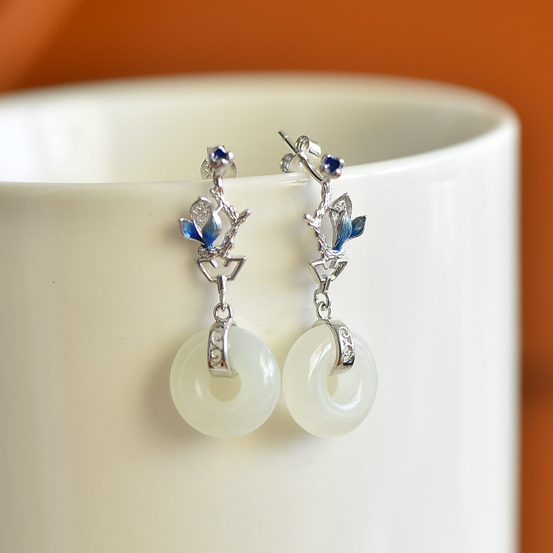 A Pair of Exquisite Sterling Silver Inlaid White Jade Earrings (1 of 3)