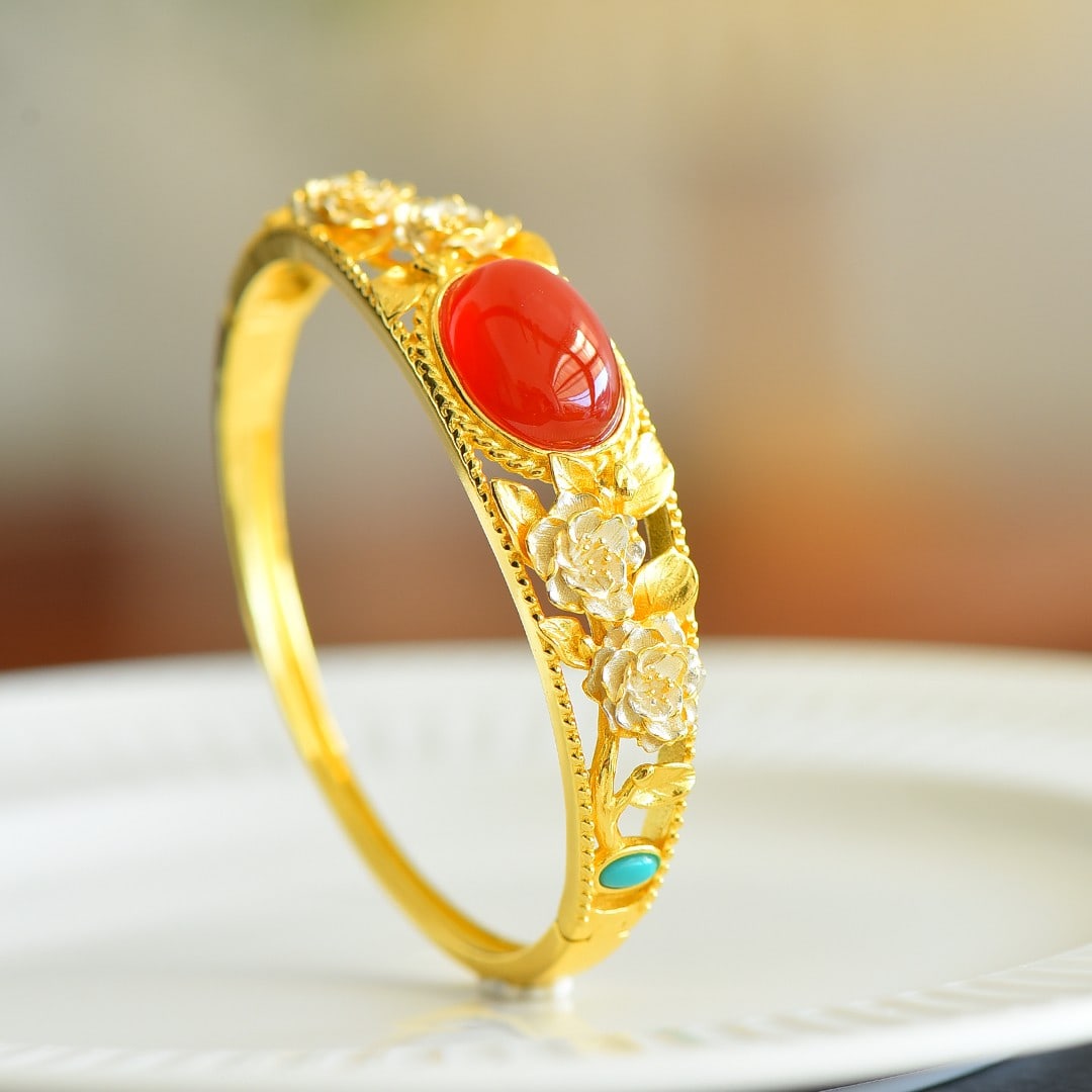 An Exquisite Sterling Silver-Gold Plated Inlaid Agate Enamel Bracelets,Inlaid Turquoise: An Exquisite Sterling Silver-Gold Plated Inlaid Agate Enamel Bracelets,Inlaid Turquoise,Size:13mmx18mm 