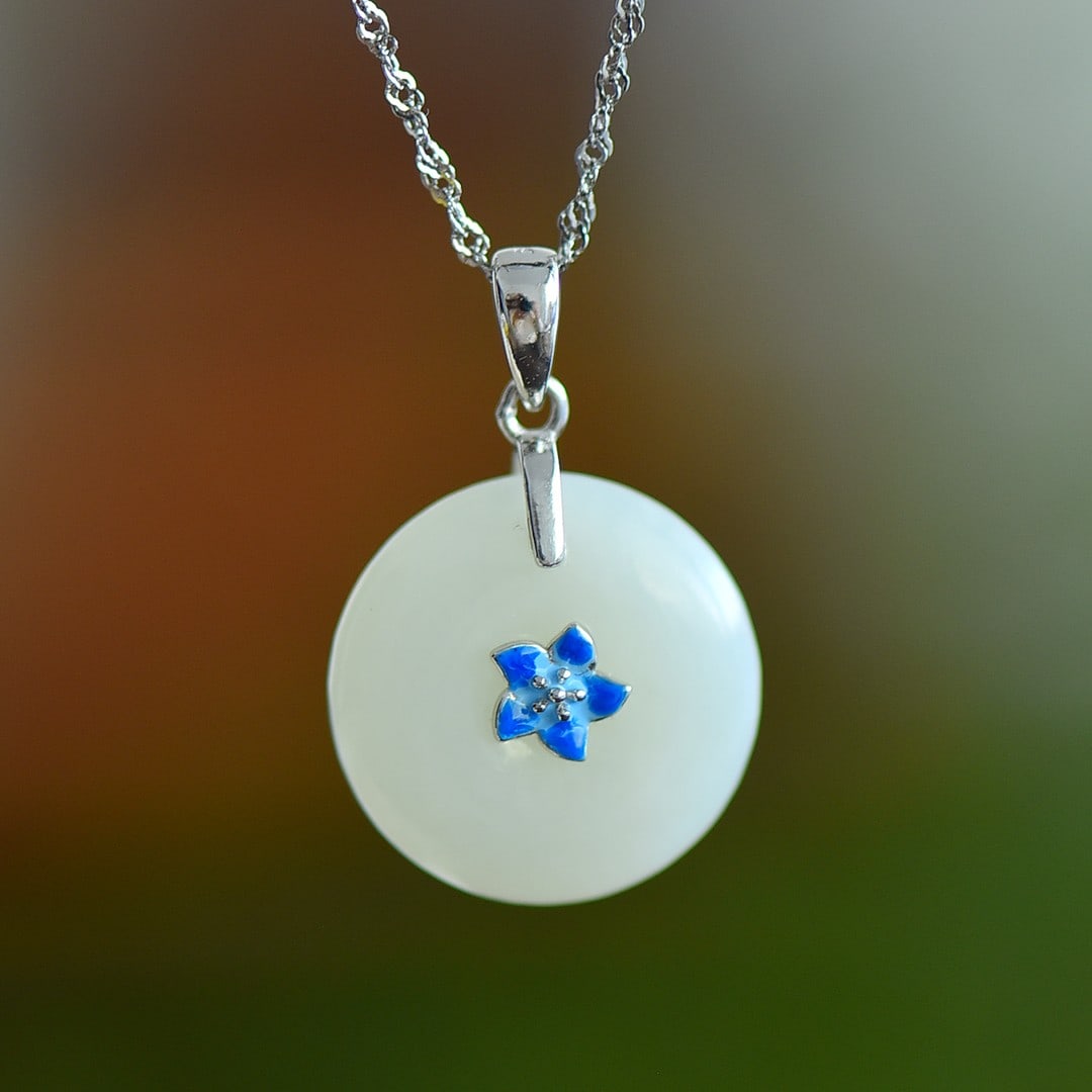 An Exquisite Sterling Silver Inlaid White Jade Enamel Pendant: An Exquisite Sterling Silver Inlaid White Jade Enamel Pendant 纯银镶白玉珐琅吊坠