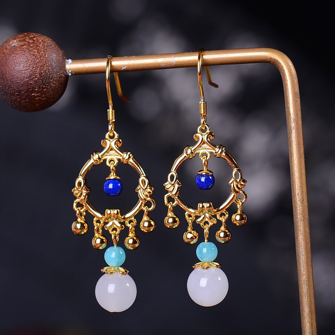 A Pair of Exquisite Sterling Silver-Gold Plated Inlaid White Jade Earrings (1 of 5)