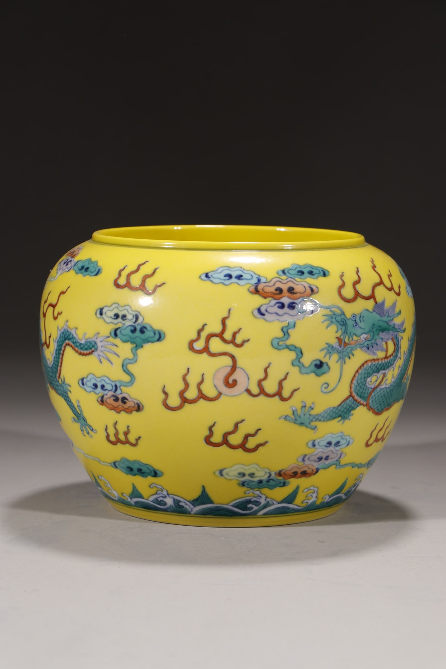 An Exquisite Yellow Ground Doucai Auspicious Cloud and Dragon Pattern Brush Washer (1 of 9)