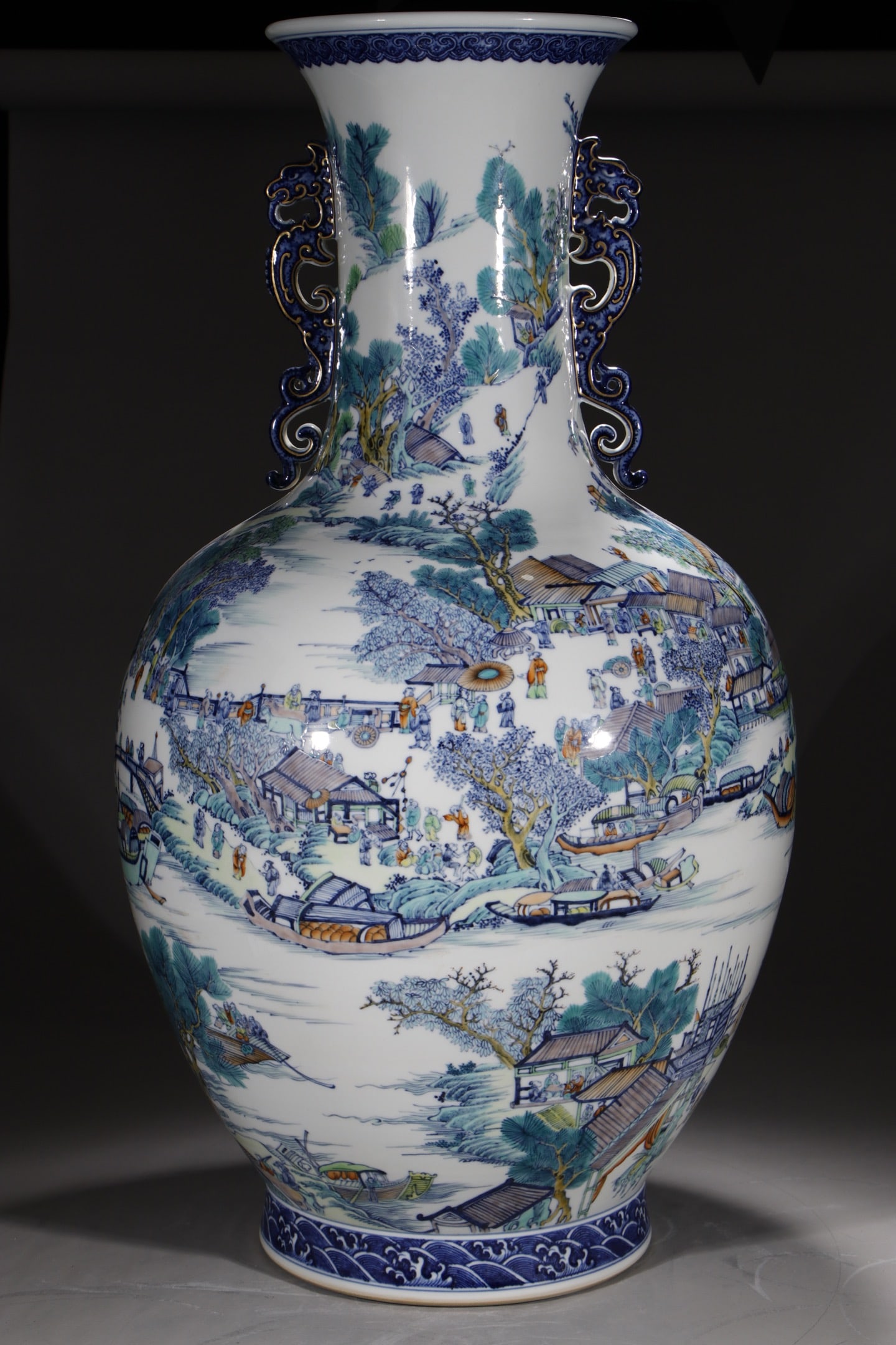 An Exquisite Doucai Landscape and Figure Pattern Double-Ears Vase: An Exquisite Doucai Landscape and Figure Pattern Double-Ears Vase,Qing Dynasty,China,Qianlong Six-character Mark,Size:34.4in 斗彩山水人物纹双耳