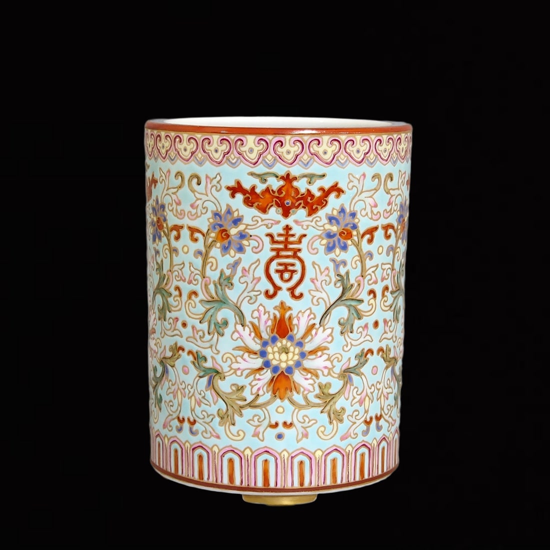 An Exquisite Green Ground Famille-Rose Painted Gold Bats and Peach Pattern Brush Pot (1 of 8)