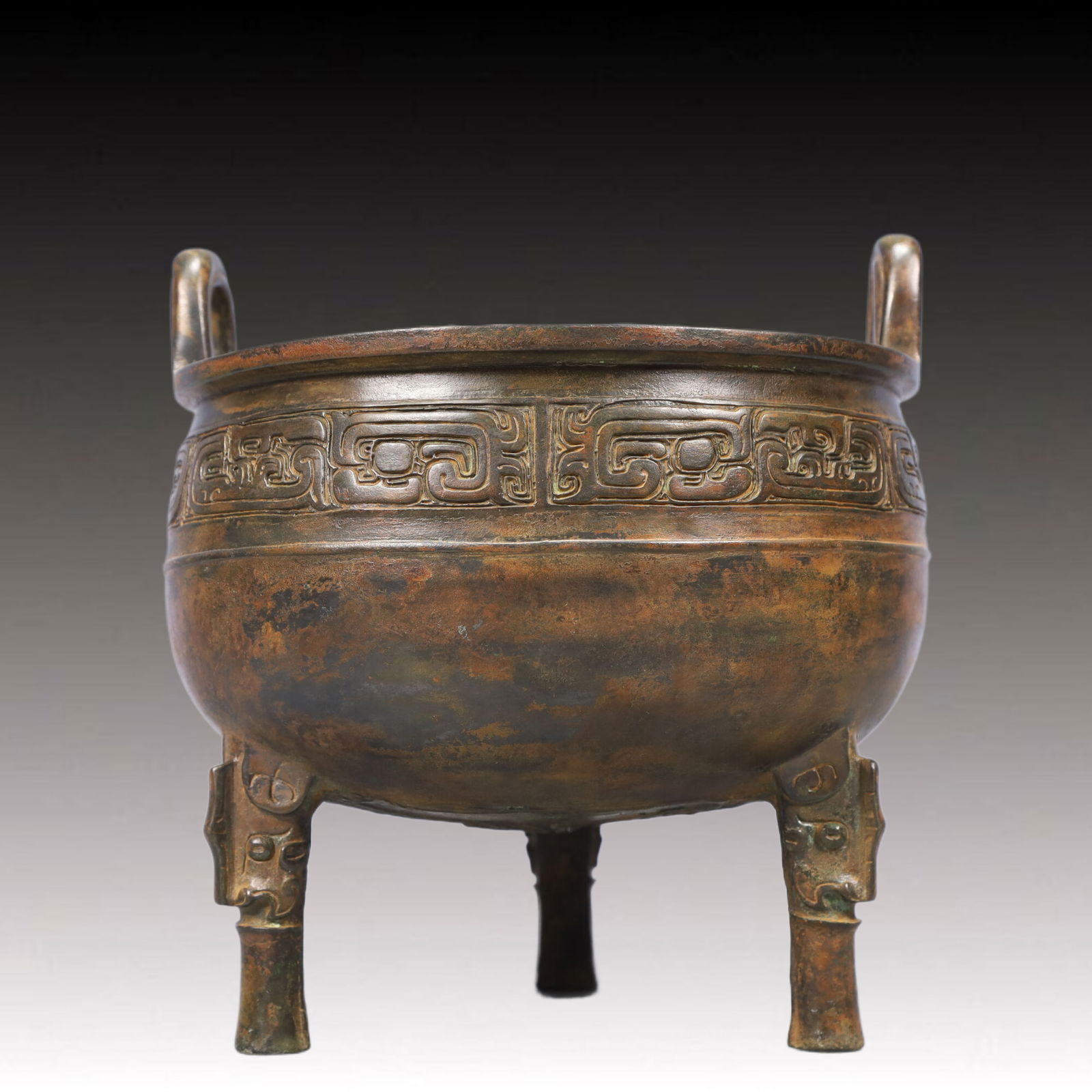 A Precious Bronze Beast-Face Pattern Double-Ears and Tripod Censer,With Inscription (1 of 8)