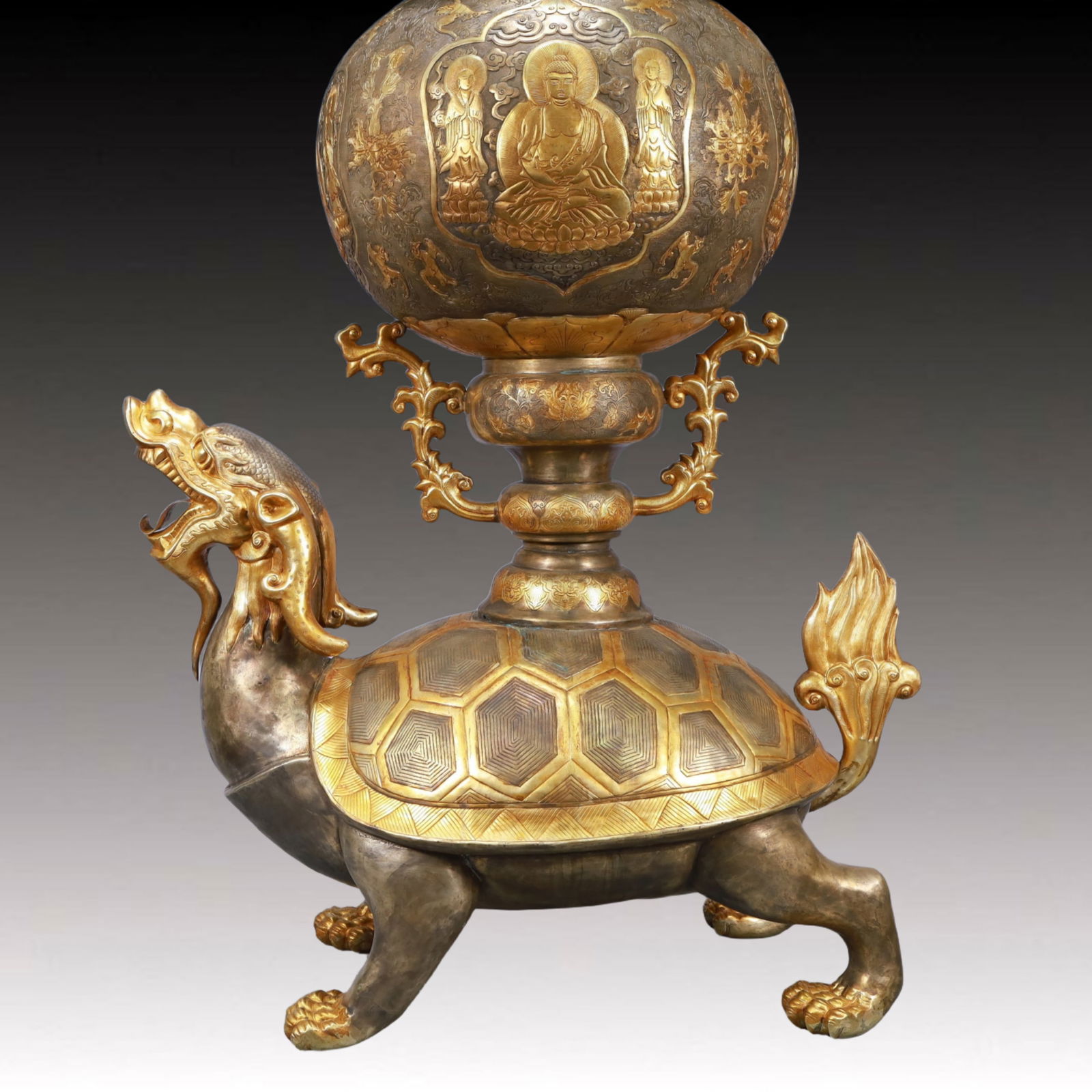 A Rare Gilt Silver Buddha Statue Pattern Dragon Turtle Censer - 3