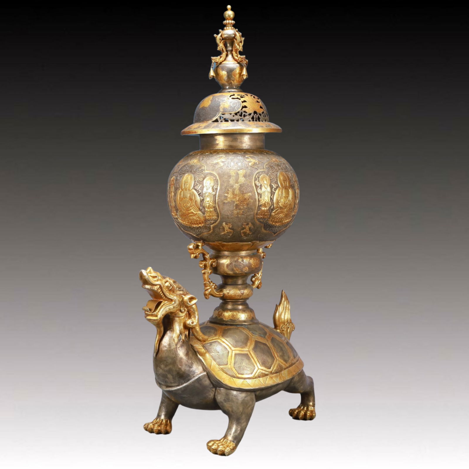 A Rare Gilt Silver Buddha Statue Pattern Dragon Turtle Censer - 4