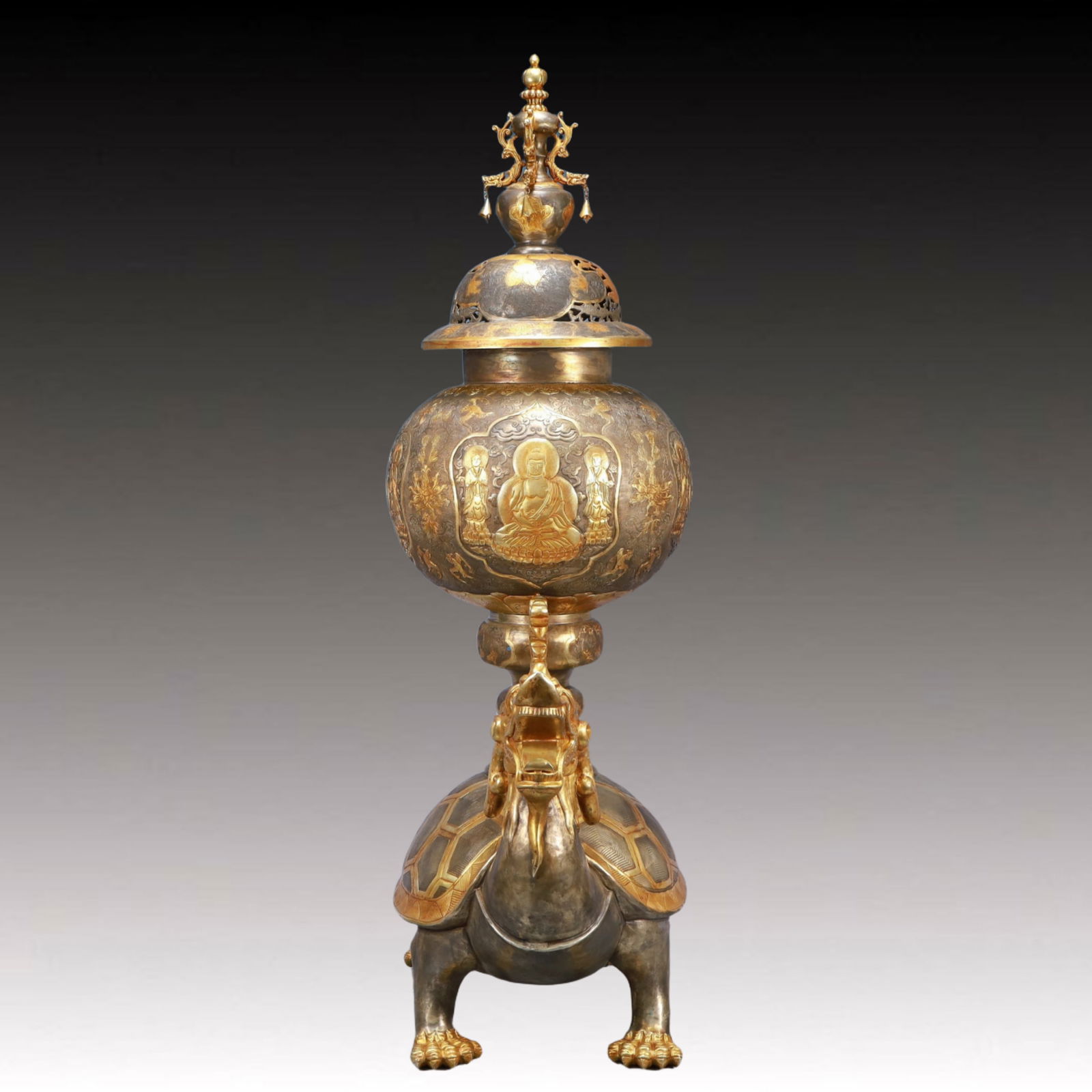 A Rare Gilt Silver Buddha Statue Pattern Dragon Turtle Censer - 5