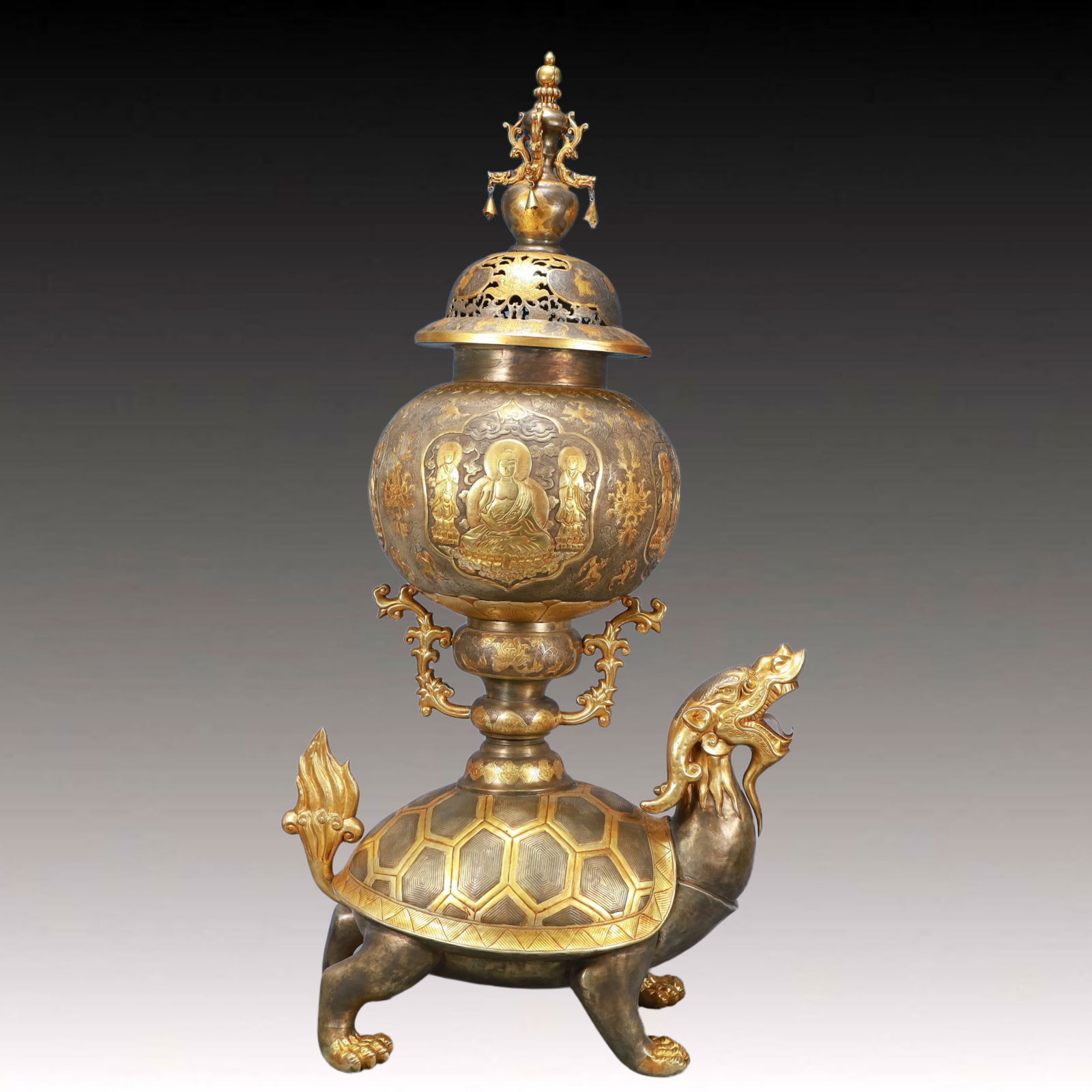 A Rare Gilt Silver Buddha Statue Pattern Dragon Turtle Censer - 7