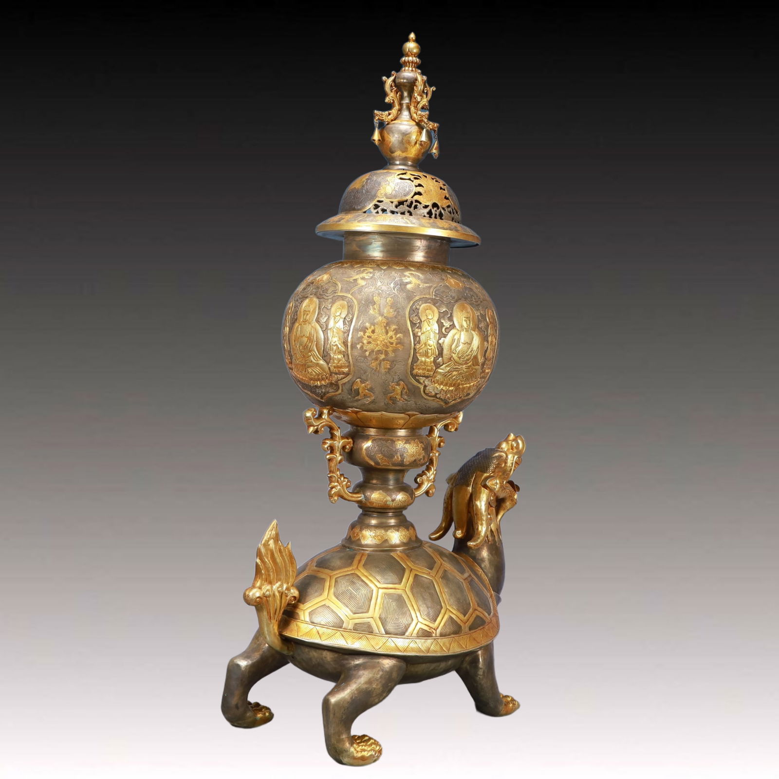 A Rare Gilt Silver Buddha Statue Pattern Dragon Turtle Censer - 8