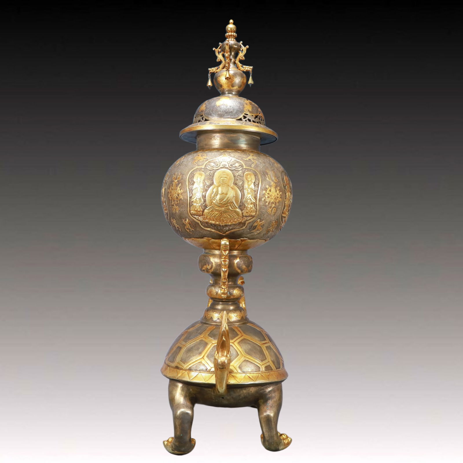 A Rare Gilt Silver Buddha Statue Pattern Dragon Turtle Censer - 9
