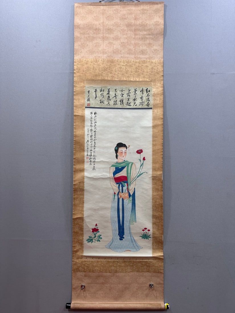 A Chinese Vertical Scroll Ink Painting of Figure on Paper: A Chinese Vertical Scroll Ink Painting of Figure on Paper,Zhang Daqian,Size:15.7inx35in 