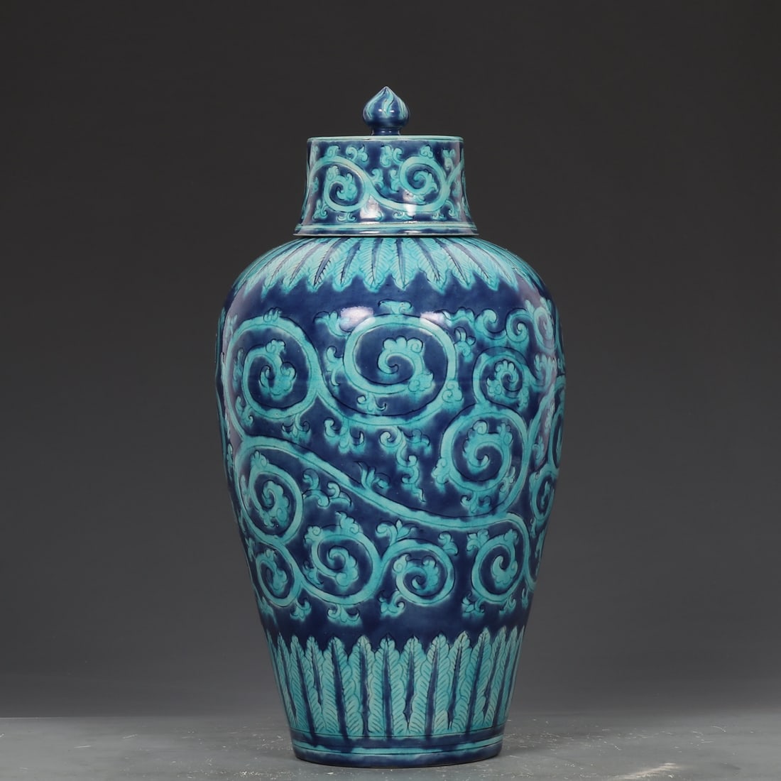 An Exquisite Blue Ground Green Glazed Lotus Pattern Bottle: An Exquisite Blue Ground Green Glazed Lotus Pattern Bottle,Ming Dynasty,China,Size:11.8inx6.3in 