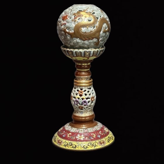 A Huge Famille-Rose Celadon Glazed Painted Gold Dragon Pattern Hat Stand: A Huge Famille-Rose Celadon Glazed Painted Gold Dragon Pattern Hat Stand,Qing Dynasty,China,Qianlong Six-Character Mark,Size:15.4inx1.9in 
