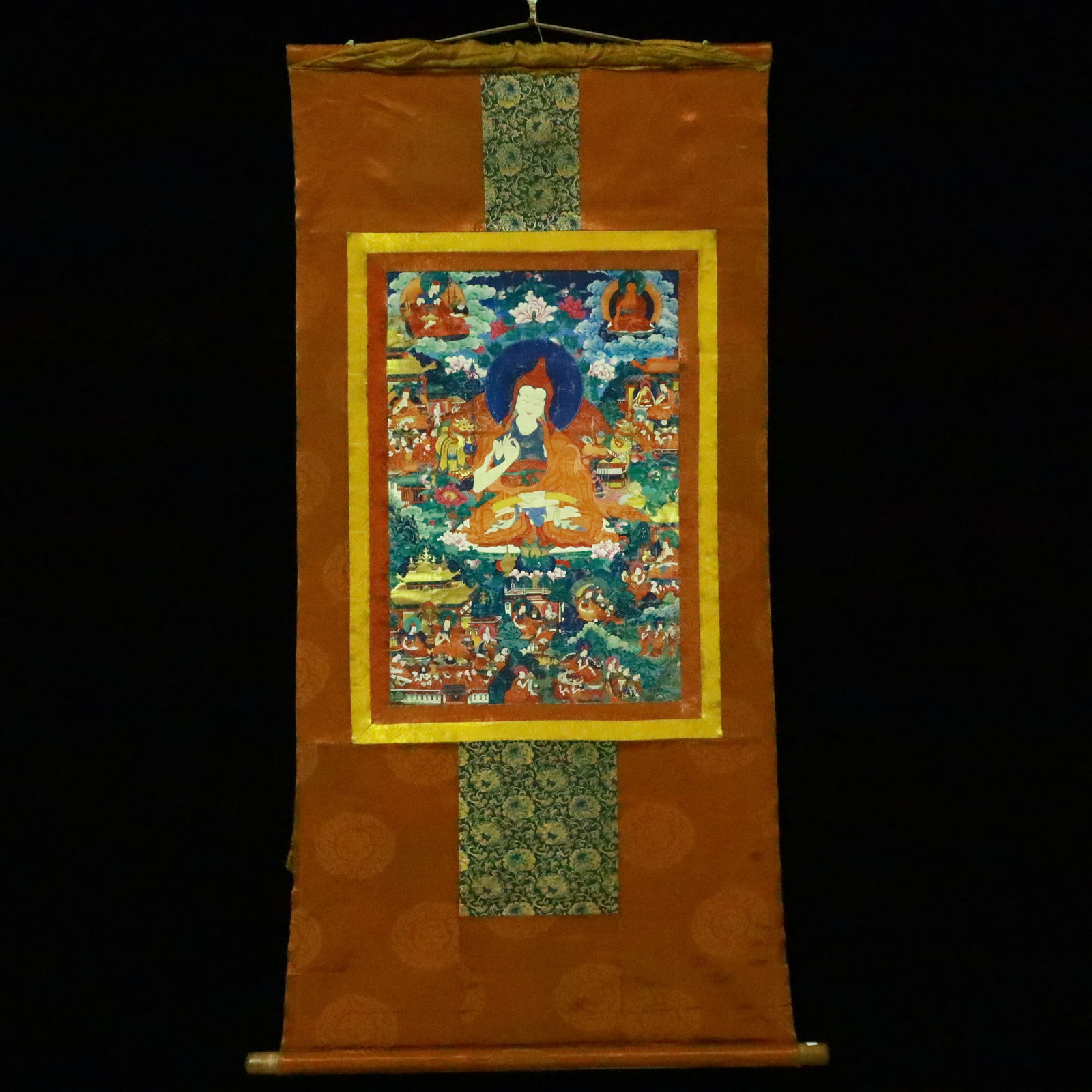 A Rare Brocade Painted Color Statue of Guru Tangka: A Rare Brocade Painted Color Statue of Guru Tangka,Qing Dynasty, China,Size:22inx47.2in 织锦彩绘上师像唐卡,中国清代