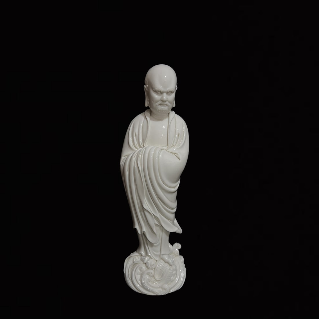 A Solemn Blance-De-Chine Statue of Dharma: A Solemn Blance-De-Chine Statue of Dharma,Ming Dynasty,China,He Chaozong Mark,Size:17.3in 