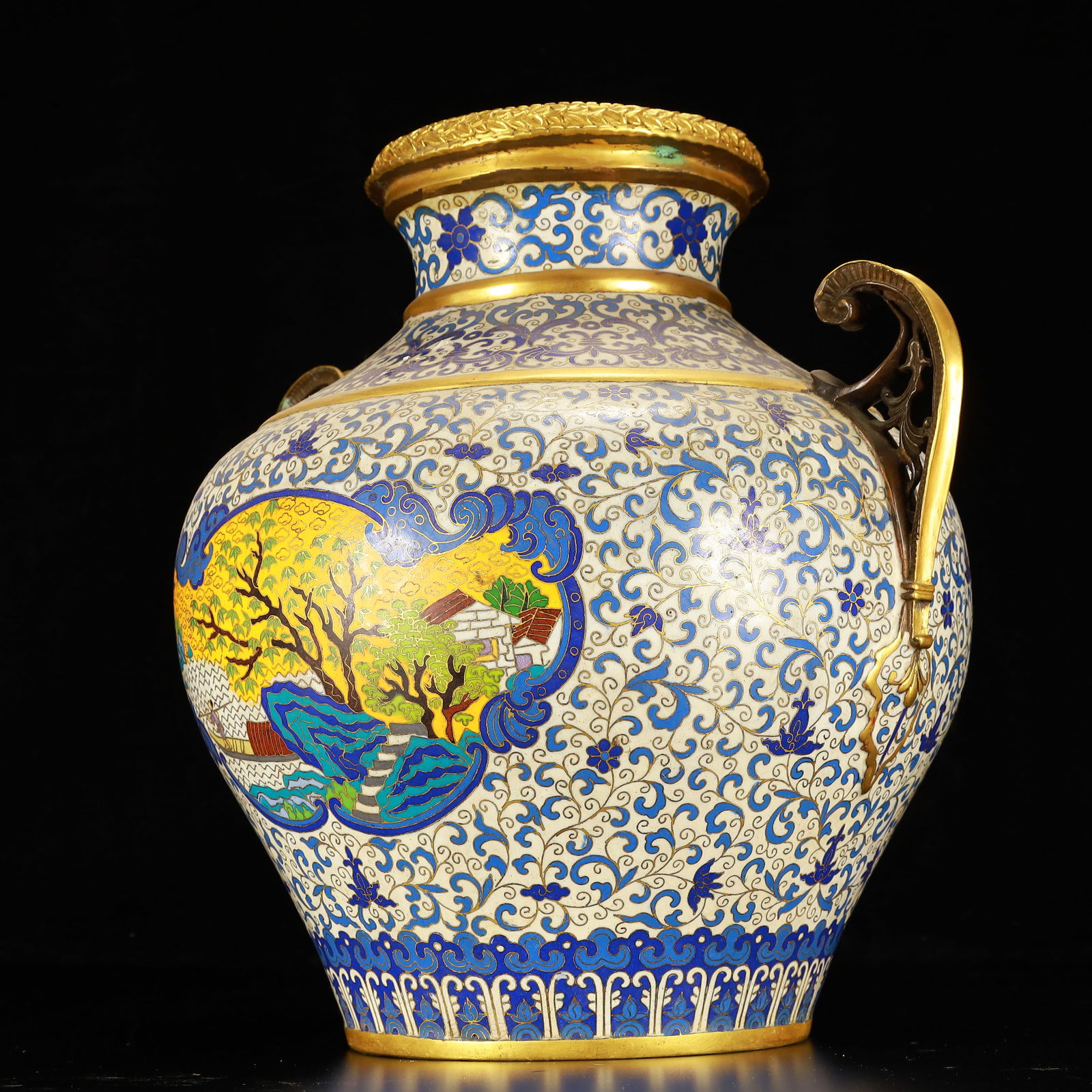 A Rare Cloisonne Landscape Figure Pattern Double-Ears Vase - 4
