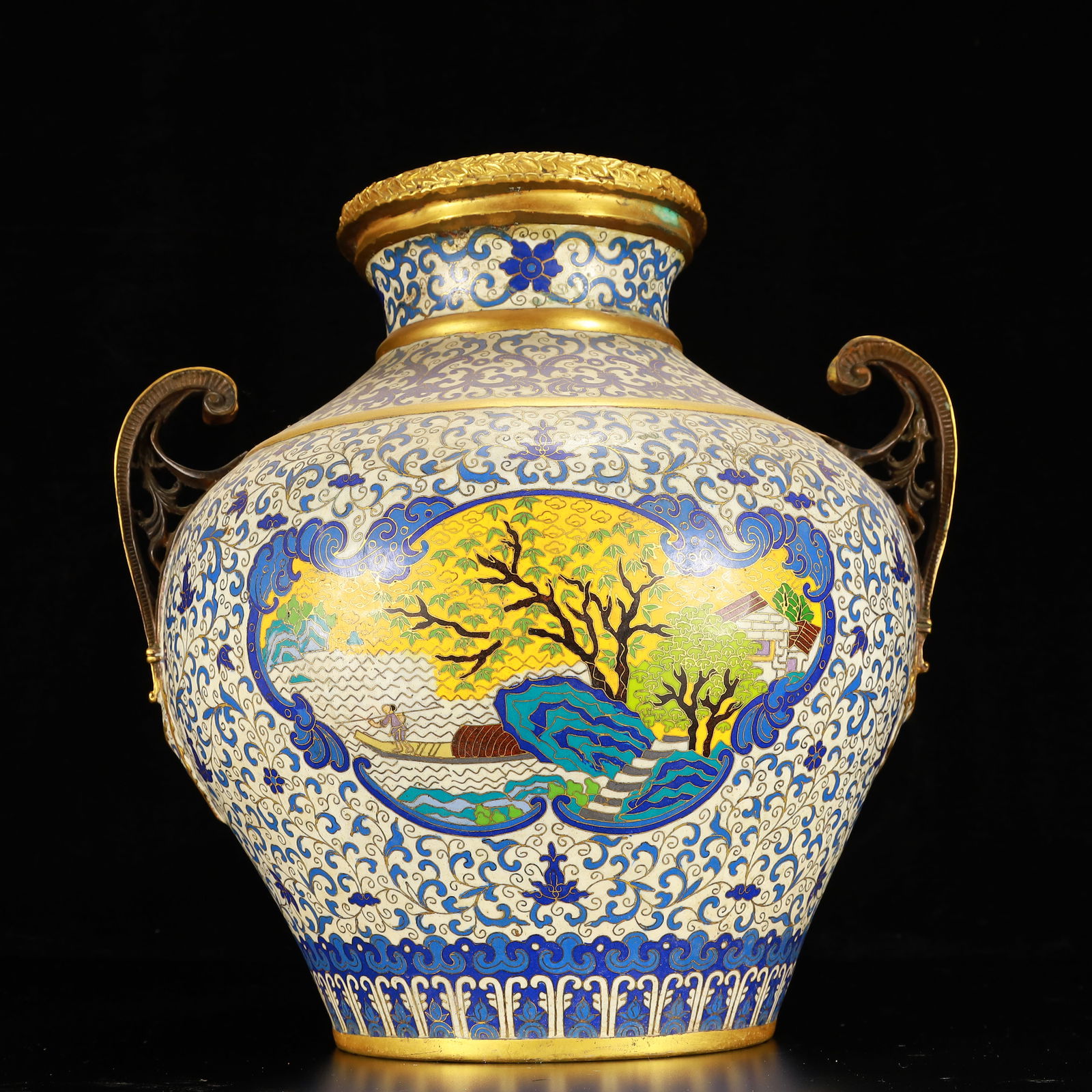 A Rare Cloisonne Landscape Figure Pattern Double-Ears Vase - 7