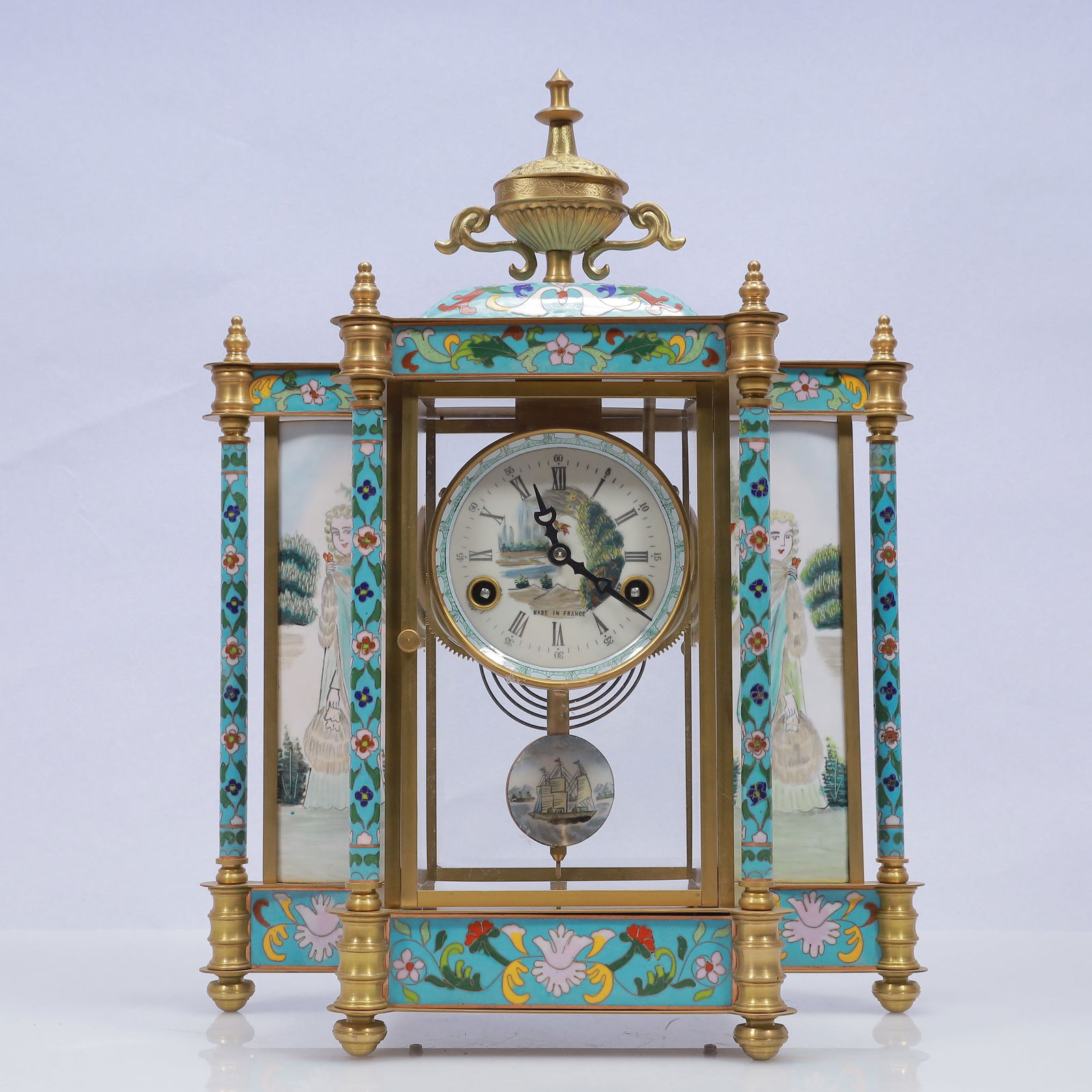 An Exquisite Cloisonne Flower and Figure Pattern Table Clock Ornament: An Exquisite Cloisonne Flower and Figure Pattern Table Clock Ornament,17th Century,Size:14.2inx5.9inx18.1in,Weight:6150g 