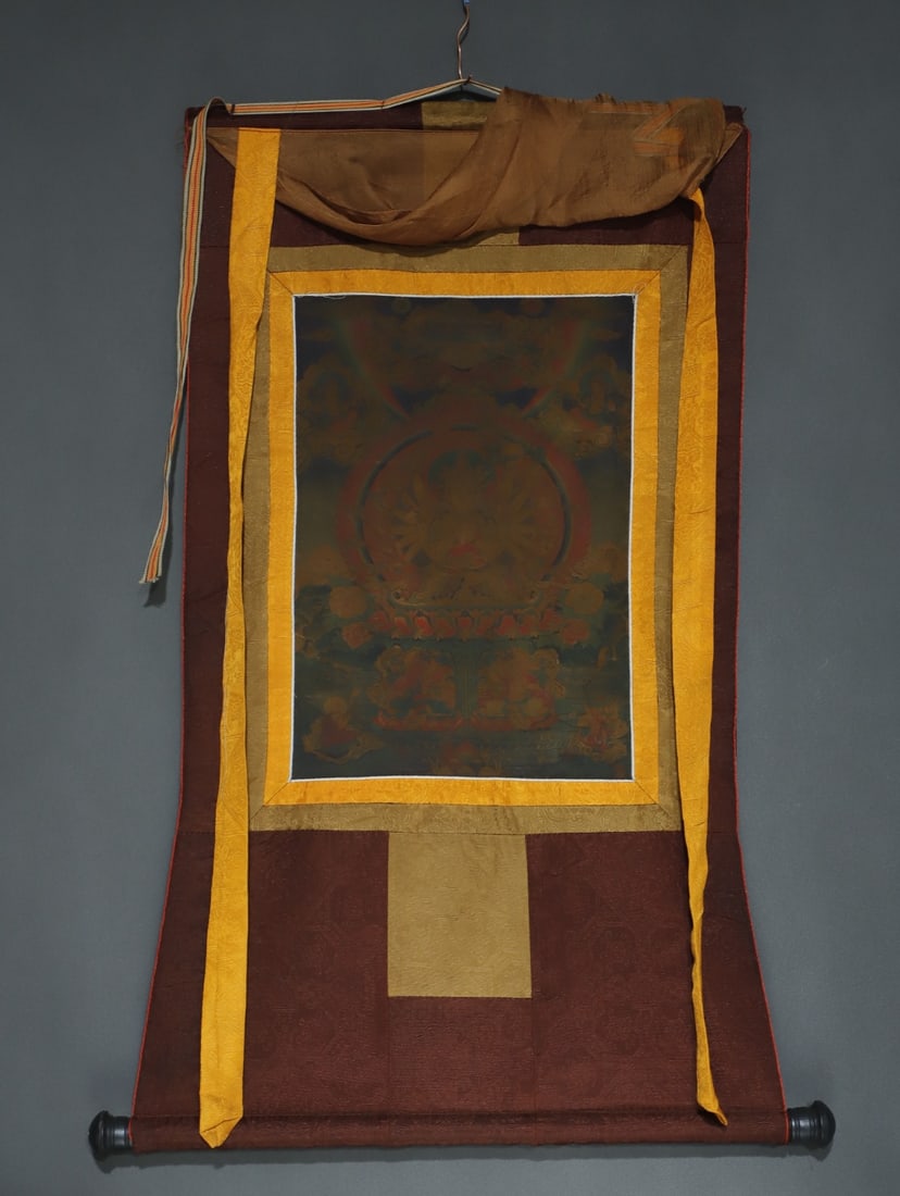 A Rare Brocade Painted Color Statue of Bodhisattva Tangka: A Rare Brocade Painted Color Statue of Bodhisattva Tangka,Qing Dynasty, China,Size:34.6inx18.1in,(Without frame)16.5inx11in 