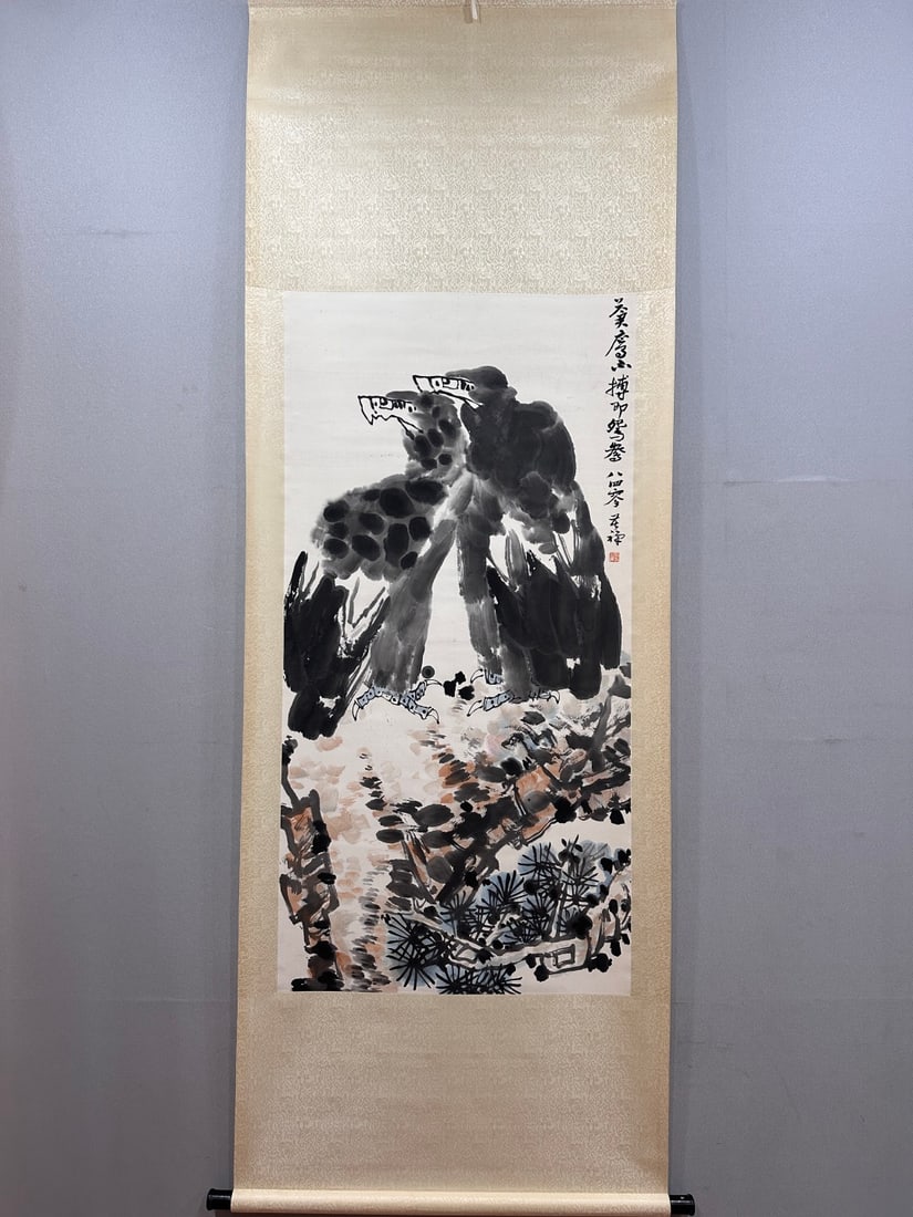 A Chinese Vertical Scroll Ink Painting of Pine and Eagle on Paper (1 of 10)