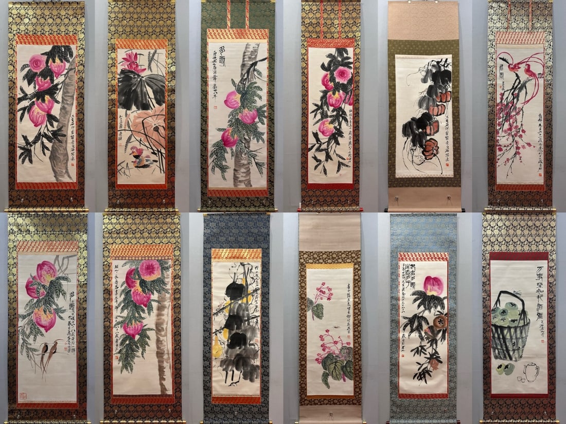 A Set of Chinese Vertical Scroll Ink Painting of Flower and Fruit on Paper: A Set of Chinese Vertical Scroll Ink Painting of Flower and Fruit on Paper,Qi Baishi 一套中国水墨花果画立轴,齐白石